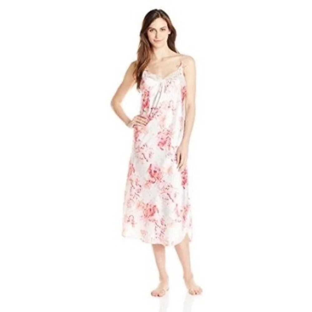 Oscar de la Renta Pink Floral Satin Lace Trim Nightgown Chemise